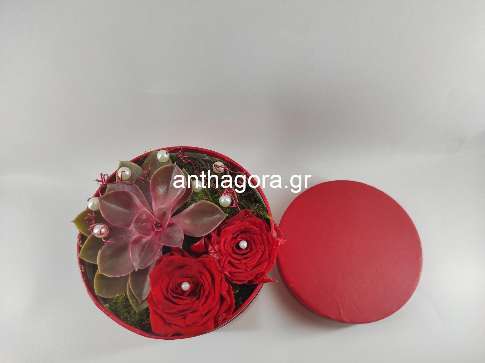 Κόκκινο κουτί με κόκκινα αποχυμωμένα τριαντάφυλλα και παχύφυτο