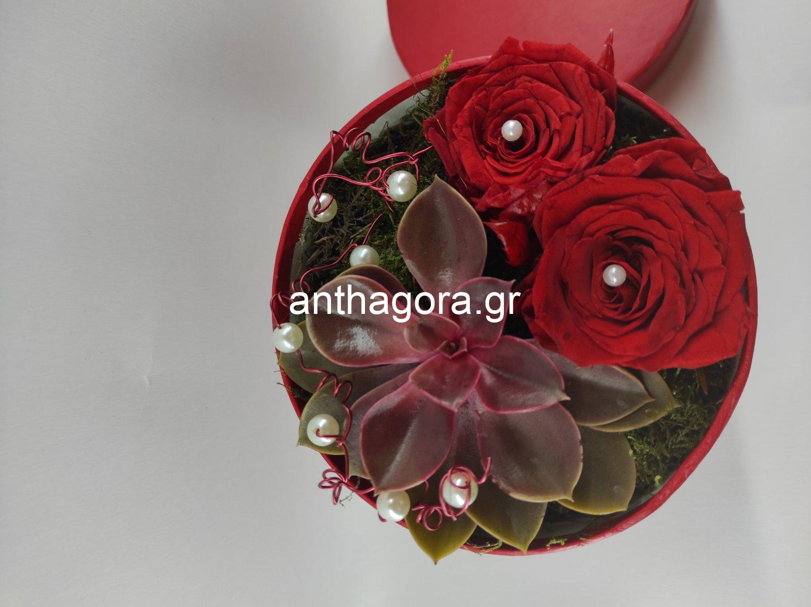 Κόκκινο κουτί με κόκκινα αποχυμωμένα τριαντάφυλλα και παχύφυτο - Image 2